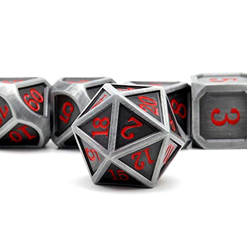 Ancient Silver Metal DND Dice Set D&D 7PCS Large Rounded Antiue Iron RPG Dice Red Numbers for Dungeons and Dragons TTRPG Game Gifts'