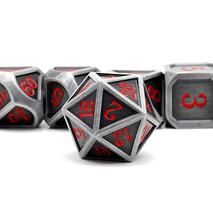 Ancient Silver Metal DND Dice Set D&D 7PCS Large Rounded Antiue Iron RPG Dice Red Numbers for Dungeons and Dragons TTRPG Game Gifts'