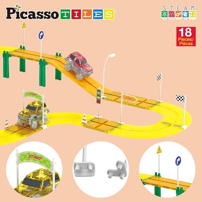 Magnet Tile Compatible Building Race Track Kit Traffic Sign Accessory Stabilizers with Sticker Set STEM Educational Magnets Toddler Racecourse Structure Blocks Add On Ages 3+ PTR01 (18 Count)