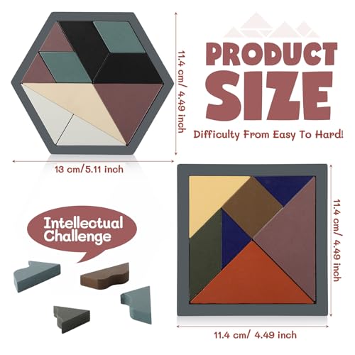 3 Pack Large Wooden Blocks Puzzles Hexagon Tangram Puzzle Wooden Russian Brain Puzzles for Adult Challenge Teasers Geometric Jigsaw Logic Iq STEM Educational Gift Graduation (3 Count)
