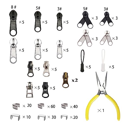 255 Pcs Zipper Repair Kit with Pliers Fix Zippers Sliders Pull Stop (255 Count)