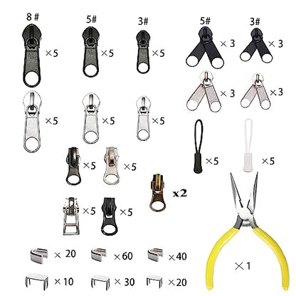 255 Pcs Zipper Repair Kit with Pliers Fix Zippers Sliders Pull Stop (255 Count)