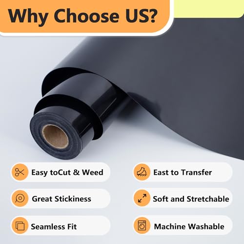 RENLITONG Black Iron on Vinyl 12Inch by 13ft Roll Heat Transfer Vinyl for T (14.4 Ounce)