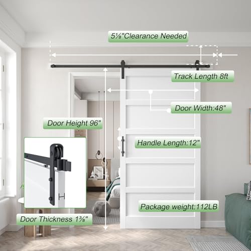 48x96 inch White Barn Door with 8FT Sliding Door Hardware Kit Included & Handle