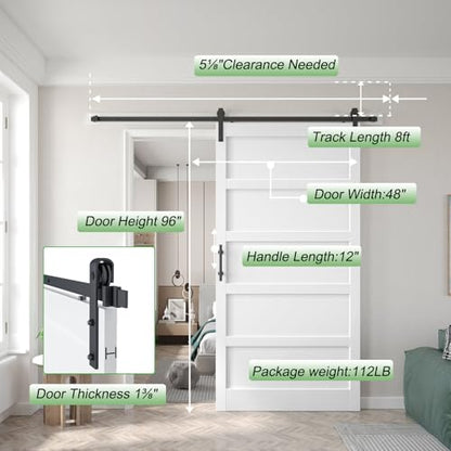 48x96 inch White Barn Door with 8FT Sliding Door Hardware Kit Included & Handle