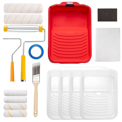 17 Pieces Paint Roller Kit with 9 Inch Magnetic Tray and Liners