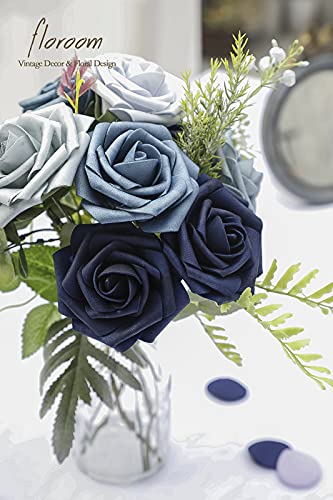 Artificial Flowers 25pcs Real Looking Dusty Blue Ombre Colors Foam Fake Roses with Stems for DIY Wedding Bouquets Bridal Shower Centerpieces Floral Arrangements Party Tables Home Decorations (25 Count)