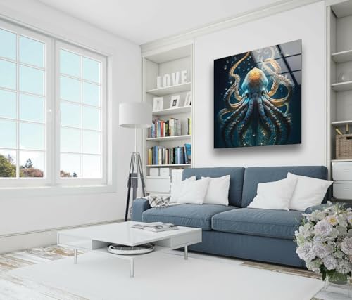 Round 24'' Underwater Blue Octopus Glass Wall Art Tempered Glass Printing Wall Decor Large Wall Art Wall Hangings