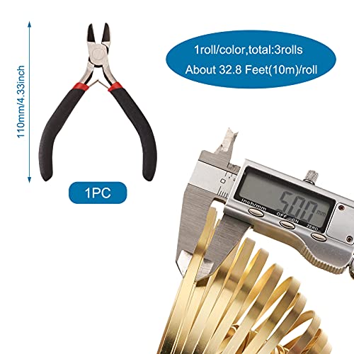 98Ft 3 Colors Aluminum Flat Wire 5mm Wide Bendable Metal Craft Wire Strip 18 Gauge with Side Cutting Plier for Bezel Sculpting Armature Jewelry Making Gem Metal Wrap
