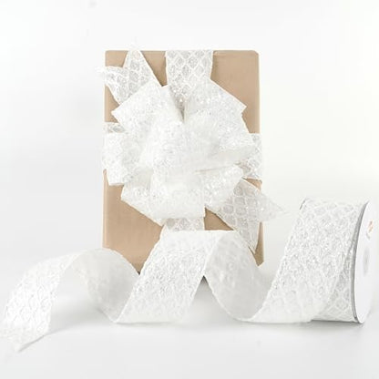 White Glitter Diamond Wired Christmas Ribbon 2.5 inch x 10 Yards (30 Foot)