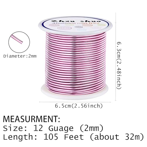 12 Gauge(2mm) Aluminum Wire 35 Yards Anodized Metal Wire for Bonsai Armature Crafting Sculpting Jewelry Craft Making Beading Floral (Pink, 12 Gauge) (105 Foot)