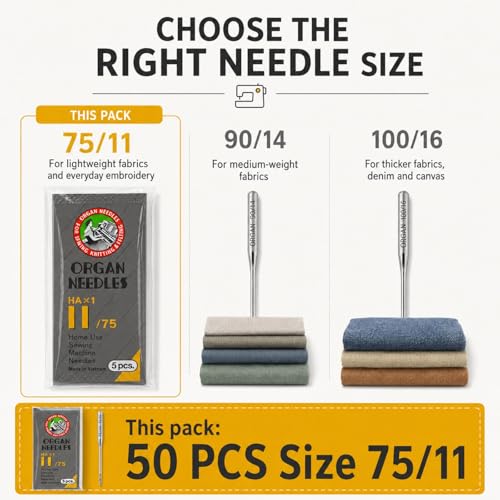 50 PCS Embroidery Sewing Machine Needles for Brother Size 75 (50 Count)