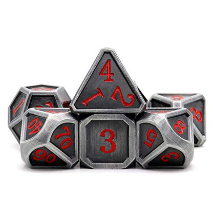Ancient Silver Metal DND Dice Set D&D 7PCS Large Rounded Antiue Iron RPG Dice Red Numbers for Dungeons and Dragons TTRPG Game Gifts'