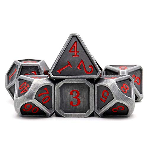 Ancient Silver Metal DND Dice Set D&D 7PCS Large Rounded Antiue Iron RPG Dice Red Numbers for Dungeons and Dragons TTRPG Game Gifts'