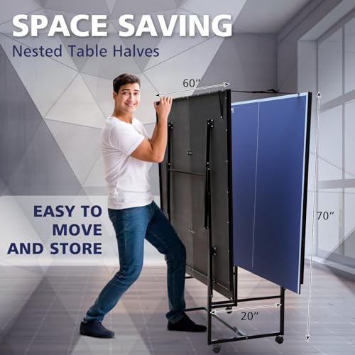 8ft/9ft Mid-Size Table Tennis Table Foldable & Portable Ping Pong Table Set for Indoor Games with Net, 2 Table Tennis Paddles and 3 Balls (7 Count)