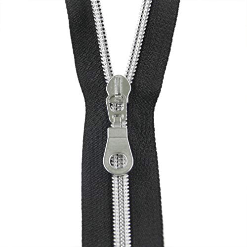 5 Silver Metallic Nylon Coil Zippers by The Yard Bulk 10 Yards Black Tape with 25pcs Silver Sliders for DIY Sewing Tailor Craft Bag