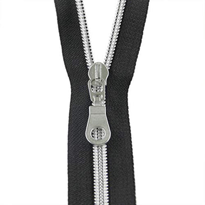 5 Silver Metallic Nylon Coil Zippers by The Yard Bulk 10 Yards Black Tape with 25pcs Silver Sliders for DIY Sewing Tailor Craft Bag