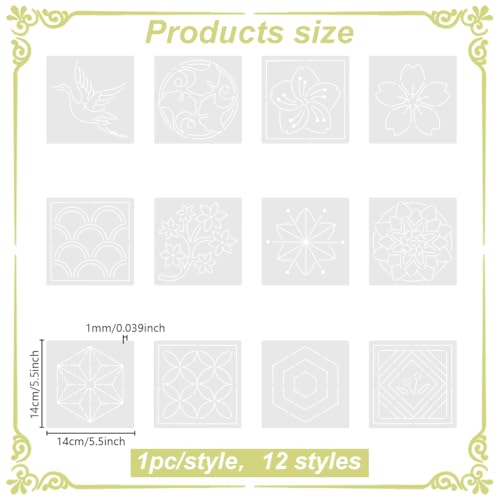 Sashiko Embroidery Stencils Sashiko PET Stencil Flowers Embroidery Patterns Stencils for Drawing Sashiko Template for Hand Quilting and Embroidery 14x14cm