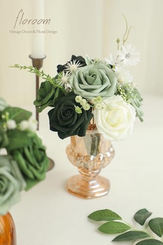 Artificial Flowers 25pcs Real Looking Forest Green Ombre Colors Foam Fake Roses with Stems for DIY Wedding Bouquets Bridal Shower Centerpieces Sage Green Floral Arrangements Decorations (25 Count)