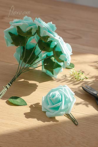 Artificial Flowers 25pcs Real Looking Robin's Egg Blue Foam Fake Roses with Stems for DIY Wedding Bouquets Baby Shower Centerpieces Floral Arrangements Party Tables Home Decorations (25 Count)