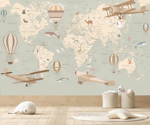 Vintage Animal Wallpaper Cartoon Aircraft Map wall murals for Kids Room 159"x107"