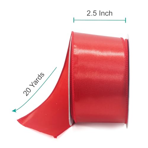 Satin Wired Ribbon 2.5 Inch x 20 Yards Red for Christmas Home Décor Gift Wrapping Tree Topper Bow Wreath DIY Crafts (60 Foot)