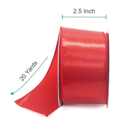Satin Wired Ribbon 2.5 Inch x 20 Yards Red for Christmas Home Décor Gift Wrapping Tree Topper Bow Wreath DIY Crafts (60 Foot)