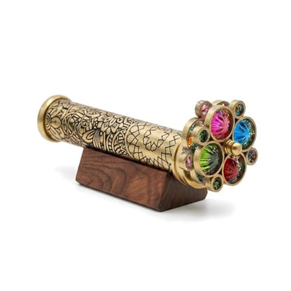 Handcrafted Etched Floral Pattern Lacquered Brass Kaleidoscope Includes Two Separate Turning Wheels