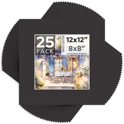 Mat Board Center 25 Pack 12x12 Picture Mat for 8x8 Photo Black