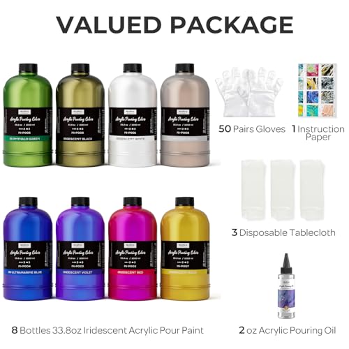 8 Colors 33.8 oz Large Bulk Iridescent Acrylic Pouring Paint Kit (272.4 Fl Oz)