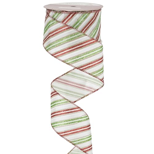 Red and Green Diagonal Striped Ribbon 2.5 Inch White Satin with Lime Green and Red Glitter Wired Ribbon for Christmas Tree (30 Foot)