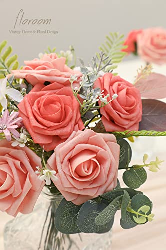 Artificial Flowers 25pcs Real Looking Mixed Living Coral Foam Fake Roses with Stems for DIY Wedding Bouquets Bridal Shower Centerpieces Floral Arrangements Party Tables Home Decorations (25 Count)