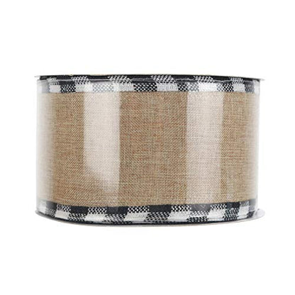 Burlap Christmas Ribbon Wired 2.5 Inch Plaid with Black and White Checkered Edging 10 Yards for Christmas Tree and Wreath Making (30 Foot)