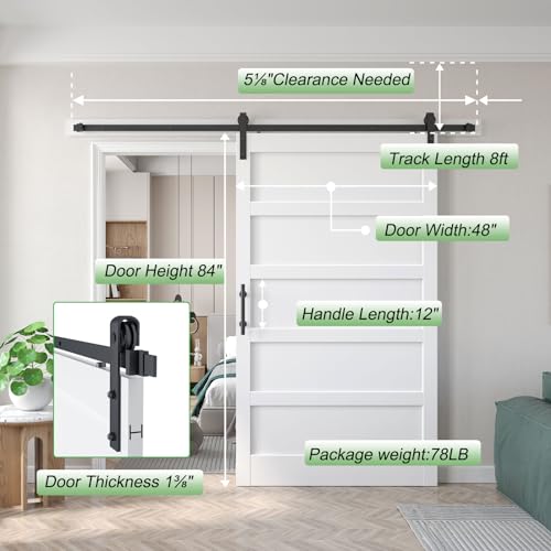 48x84 inch White Barn Door with 8FT Sliding Door Hardware Kit Included & Handle