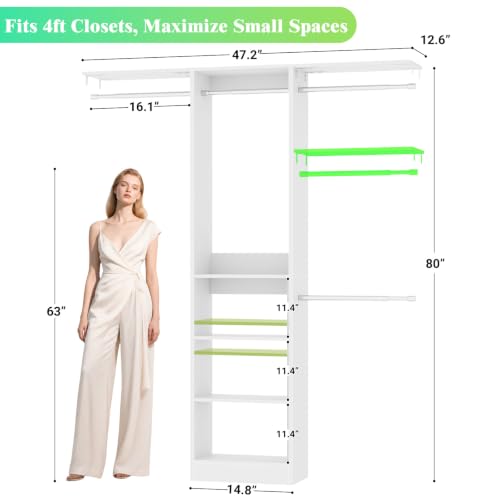 4FT Small Closet Organizer System with 4 Hanging Rods & 3 Shelves