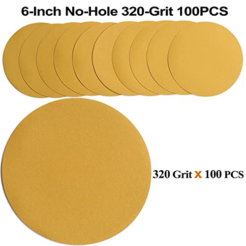 6-Inch No-Hole Hook and Loop Gold Sanding Discs 320-Grit, 100-Pack (100 Count)