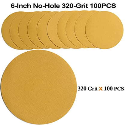 6-Inch No-Hole Hook and Loop Gold Sanding Discs 320-Grit, 100-Pack (100 Count)