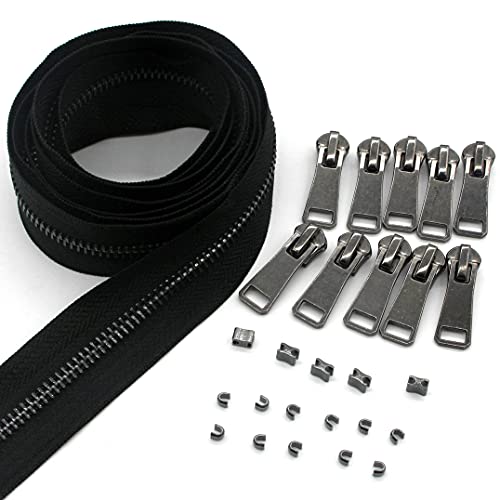 5 Metal Zippers by The Yard Bulk 2 Yards Black Tape with 10 pcs Sliders Black Nickel Teeth Handmade Zipper for Sewing Craft Bag Backpack