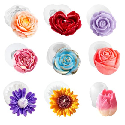 9 Pcs 3D Silicone Flower Molds for Candle Soap Making Cake Chocolate Making (9 Count)