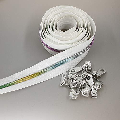 5 Metallic Nylon Coil Zippers by The Yard Colorful Teeth Zipper Bulk 10 Yards White Tape with 25pcs Silver Sliders for DIY Sewing Tailor Craft Bag