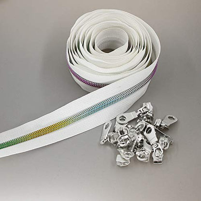 5 Metallic Nylon Coil Zippers by The Yard Colorful Teeth Zipper Bulk 10 Yards White Tape with 25pcs Silver Sliders for DIY Sewing Tailor Craft Bag