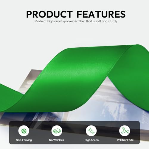 1-1/2 Inch 100 Yards Satin Ribbon Green, Solid Color Fabric Ribbon for Gift Wrapping, Wedding, Polyester Gift Ribbon for Birthday Party Decoration, Craft, Hair, Floral, Sewing (300 Foot)