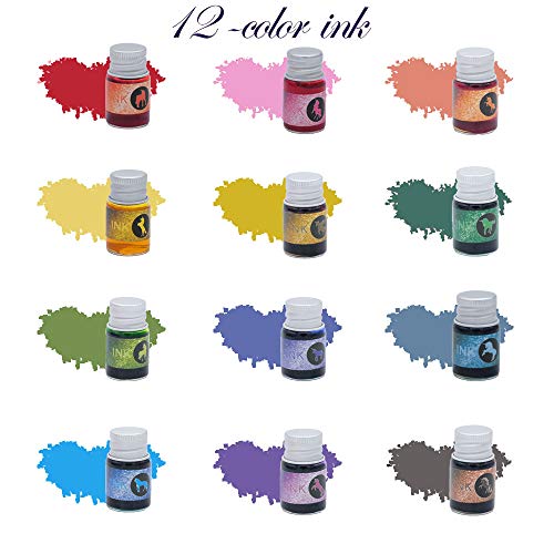Glass Dipped Pen Ink Set Handmade Crystal Calligraphy Pen with 12 Colorful india ink for Art