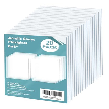 Plexiglass Sheets Acrylic Sheets 20 Pack of 8x8’’ 0.04 Thick Clear Plastic Cast Transparent Plexi Glass for Crafting Projects