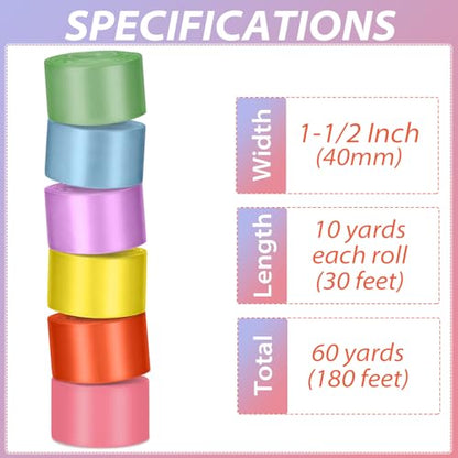 1-1/2 Inch Single-Faced Rainbow Satin Ribbons for Crafts Gift Wrapping Wedding | 6 Rolls Assorted Ribbons for Flower Bouquet Invitations Bridal Shower Hair Bow Garland Party Decor