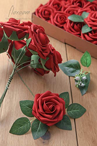 Artificial Flowers 50pcs Real Looking Dark Red Foam Fake Roses with Stems for DIY Wedding Bouquets Bridal Shower Centerpieces Floral Arrangements Party Tables Home Decorations (50 Count )