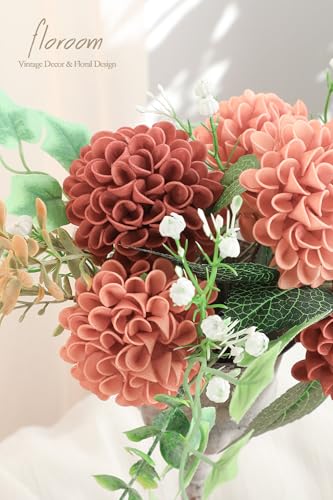 Artificial Dahlia Flowers 25pcs Terracotta & Pinky Cedar Foam Fake Roses with Stems for DIY Burnt Orange Wedding Bouquets Bridal Shower Centerpieces Floral Arrangements Party Tables Decoration (25 Count)