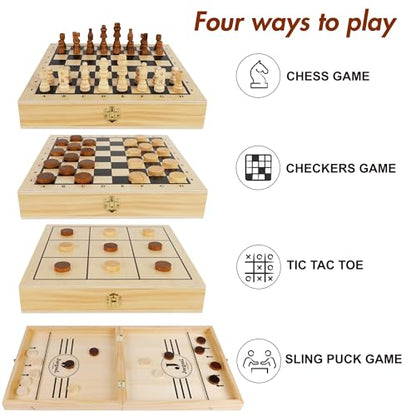 4-in-1 Wooden Fast Sling Puck Set for Kids and Adults, Chess, Checkers, Tic Tac Toe Games, Travel Portable Folding Tabletop Chess Board Game Sets, Interactive Families Toys