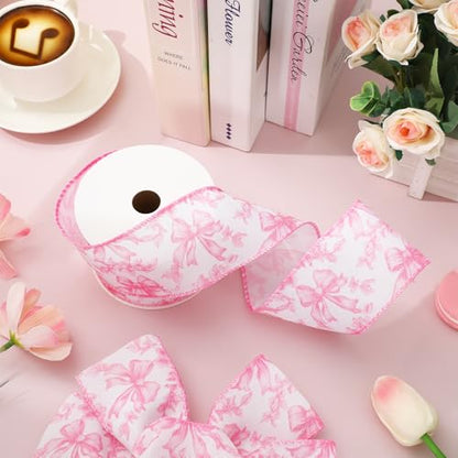 Pink Floral Bow Wired Edge Ribbon Chinoiserie Flower Bowknot Fabric Ribbon for DIY Crafts Wreath Bow Making Supplies