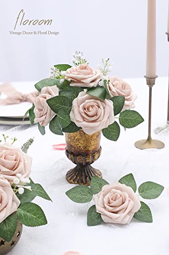 Artificial Flowers 25pcs Real Looking Nude Foam Fake Roses with Stems for DIY Wedding Bouquets Bridal Shower Centerpieces Floral Arrangements Party Tables Home Decorations (25 Count)